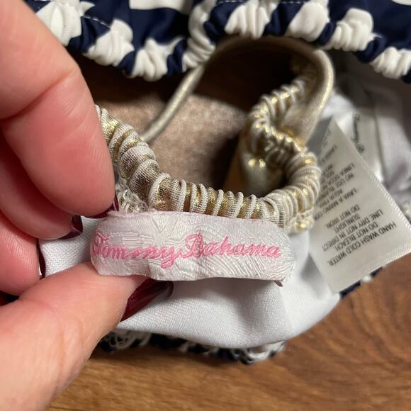 Tommy Bahama Girls Blue White Metallic Gold Striped Ruffled Bikini Top Size 7 - Picture 6 of 6